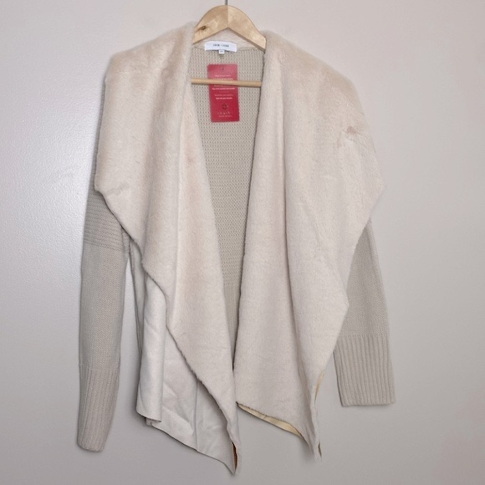 John + Jenn Sherpa Open Front Cardigan Ivory Faux Fur Size L